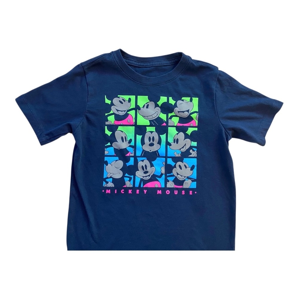 Disney Mickey Mouse Boys Small 6‑7 Many Faces Tee Navy Blue 60/40 Graphic